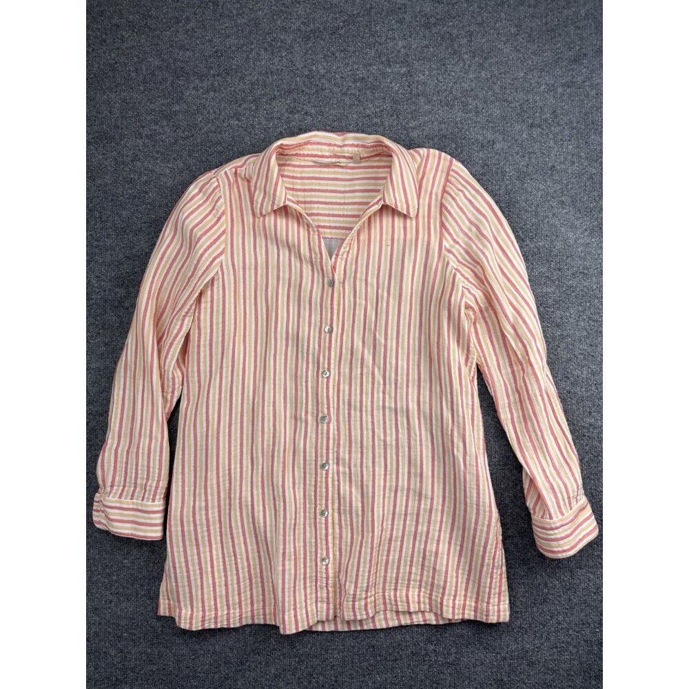 Soft Surroundings Shirt Womens Large Pink Yellow Stripe Cotton Button Up Top